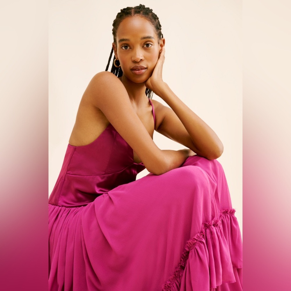 Free People Plum Soliana Drop Waist Satin Tiered Maxi Dress Size Large NWT - Picture 4 of 7